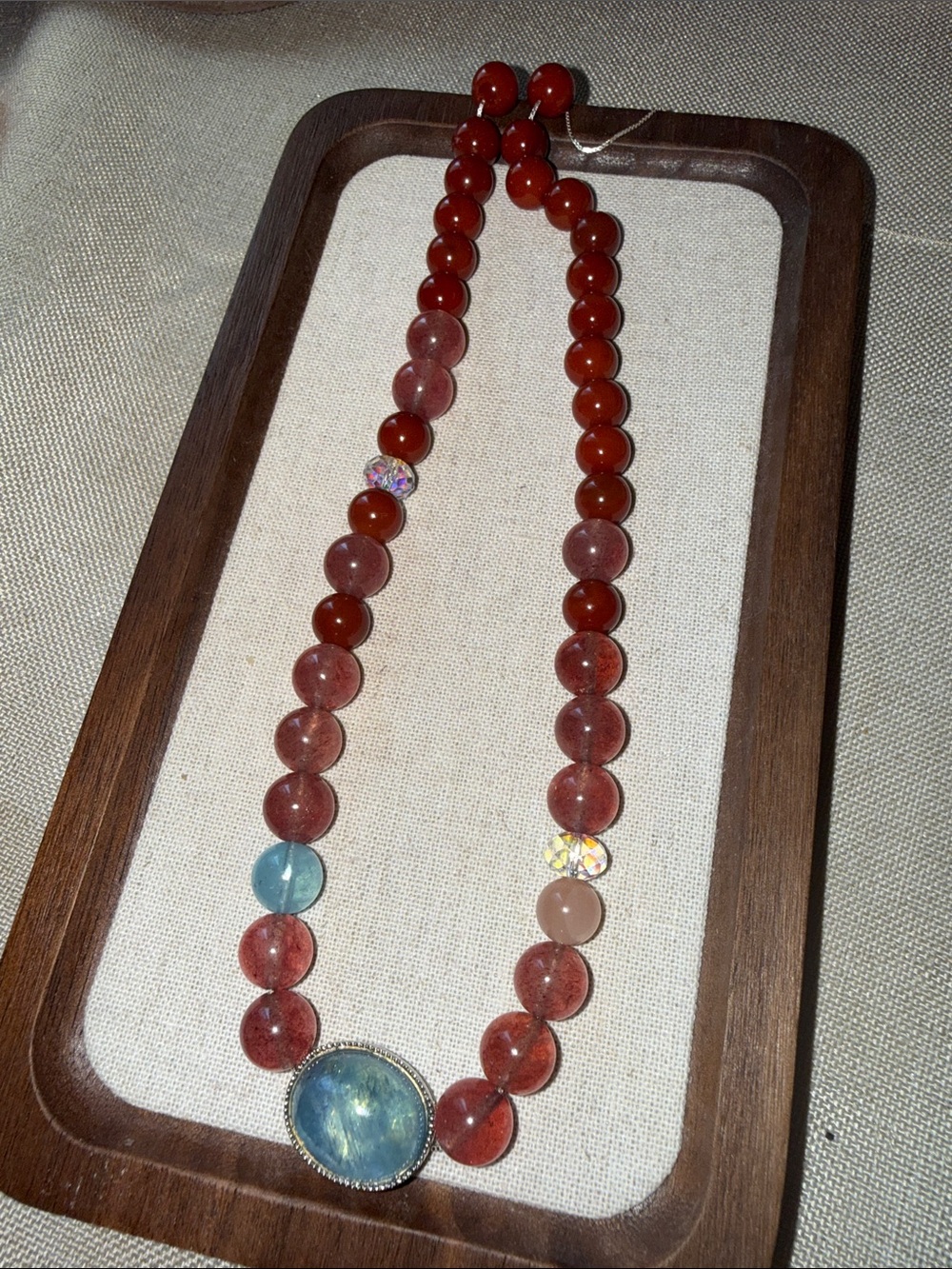 Unique Handmade Strawberry Quartz Aquamarine 925 Silver Necklace